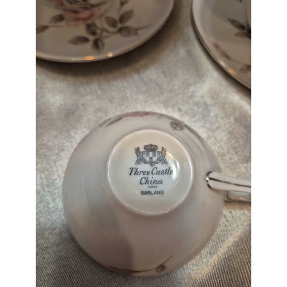 Three Castle China Garland Set Of 4 Teacups And Saucers Pink Roses - Picture 8 of 14